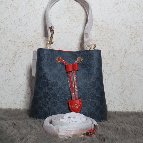 Coach Signature Rowan Drawstring Bucket Bag (Denim/Bold Red) - Picture 2 of 8